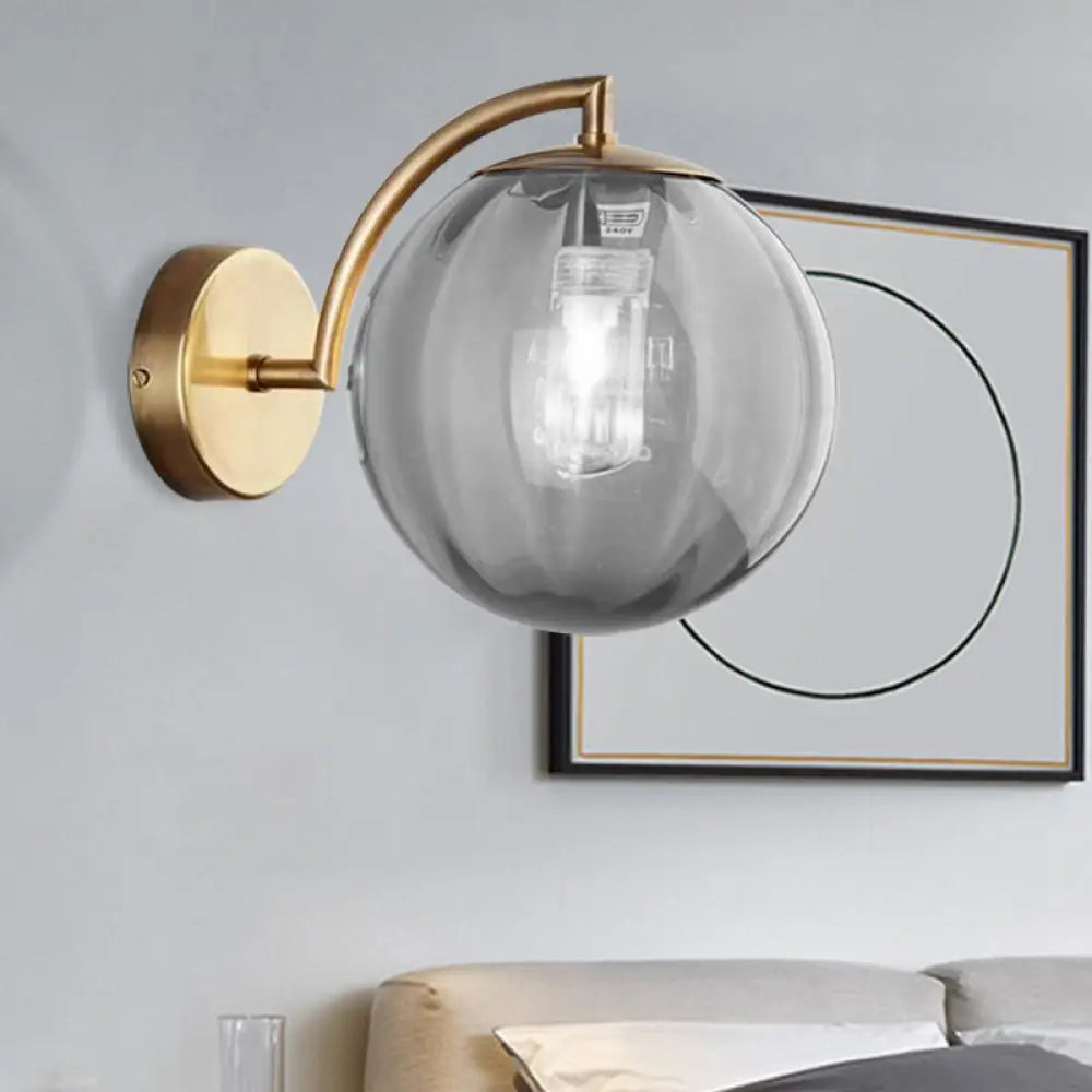 Postmodern Brass Ball Sconce Lamp - Red/Blue/Amber Glass Single Light Wall Fixture Smoke Gray