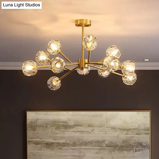 Postmodern Brass Branch Chandelier - 12/15/18-Light Crystal Ball Drop Dining Room Ceiling Lamp