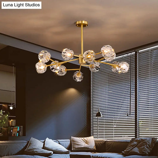 Postmodern Brass Branch Chandelier - 12/15/18-Light Crystal Ball Drop Dining Room Ceiling Lamp