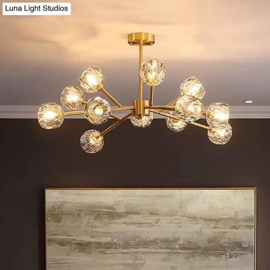 Branch Brass Crystal Ball Chandelier - 12/15 Lights Elegant Dining Room Ceiling Lamp