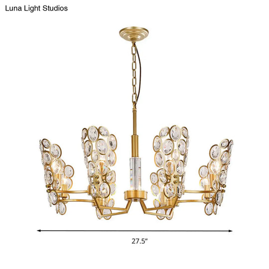 Crystal-Encrusted Postmodern Brass Candelabra Chandelier With 6 Suspended Pendant Heads