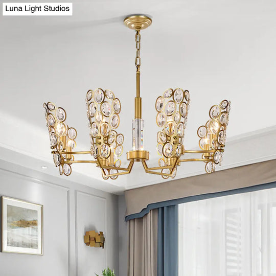 Crystal-Encrusted Postmodern Brass Candelabra Chandelier With 6 Suspended Pendant Heads