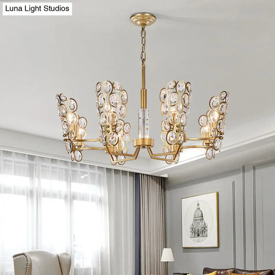 Crystal-Encrusted Postmodern Brass Candelabra Chandelier With 6 Suspended Pendant Heads