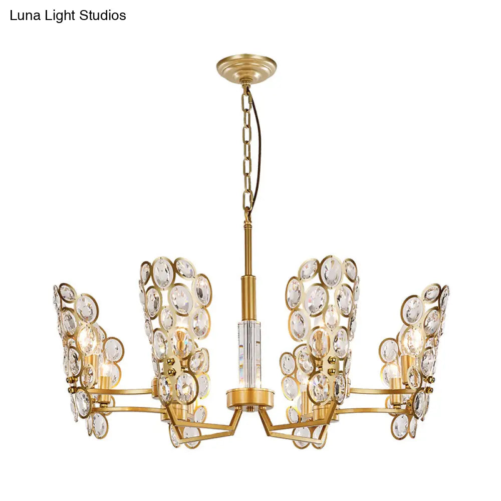 Postmodern Brass Candelabra Pendant Chandelier With Crystal Encrusted Ceiling Suspension – 6 Heads