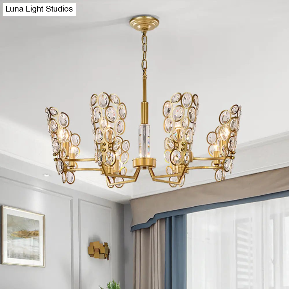 Postmodern Brass Candelabra Pendant Chandelier With Crystal Encrusted Ceiling Suspension – 6 Heads