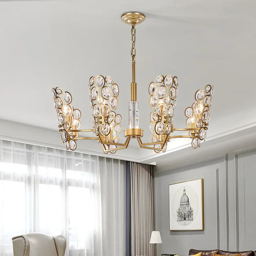 Postmodern Brass Candelabra Pendant Chandelier With Crystal Encrusted Ceiling Suspension – 6 Heads