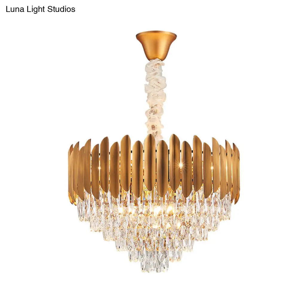 Postmodern Brass Chandelier Pendant Light - Faceted Crystal Cone Design 6/10 Heads 16’/19.5’ Wide