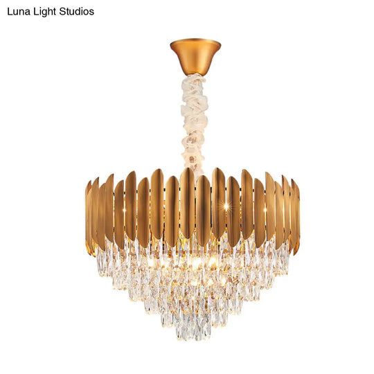 Postmodern Brass Chandelier Pendant Light - Faceted Crystal Cone Design 6/10 Heads 16’/19.5’ Wide