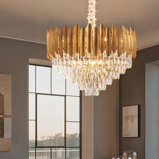 Postmodern Brass Chandelier Pendant Light - Faceted Crystal Cone Design 6/10 Heads 16’/19.5’