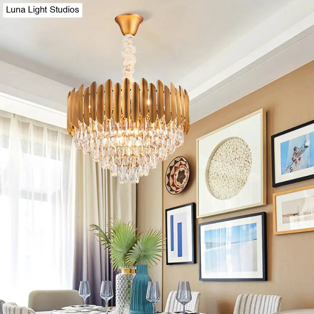 Postmodern Brass Chandelier Pendant Light - Faceted Crystal Cone Design 6/10 Heads 16’/19.5’ Wide