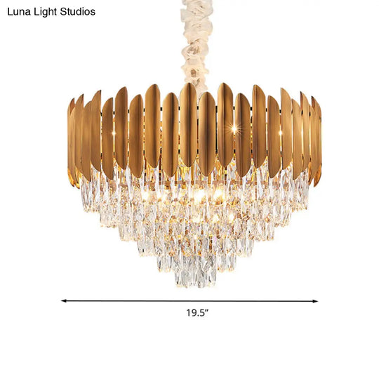 Postmodern Brass Chandelier Pendant Light - Faceted Crystal Cone Design 6/10 Heads 16’/19.5’ Wide