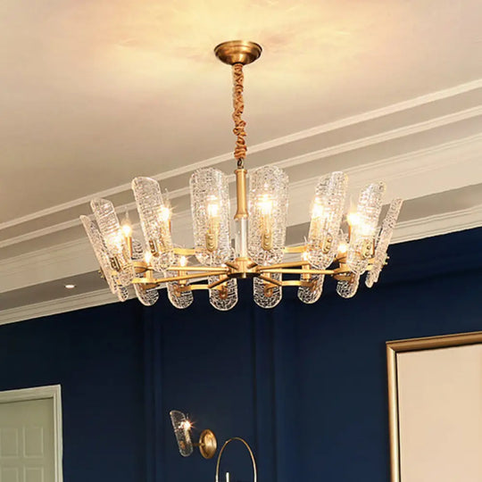 Postmodern Brass Chandelier With Clear Crackle Glass And 14/16 Heads - Oval Pendant Ceiling Light