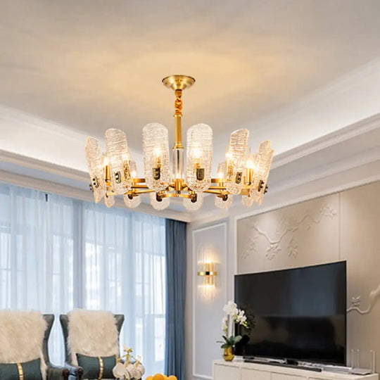 Postmodern Brass Chandelier With Clear Crackle Glass And 14/16 Heads - Oval Pendant Ceiling Light