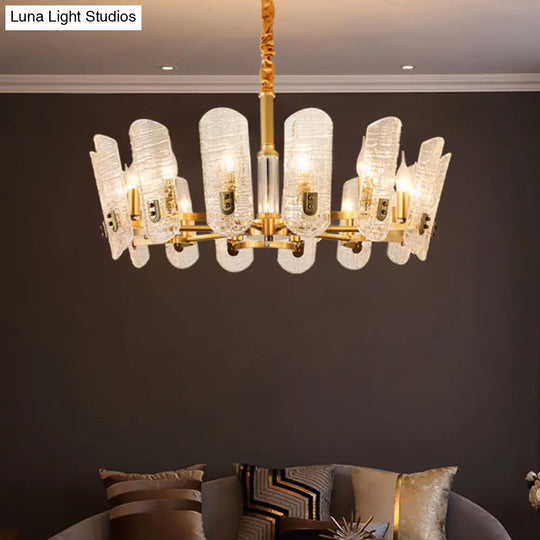 Postmodern Brass Chandelier With Clear Crackle Glass And 14/16 Heads - Oval Pendant Ceiling Light