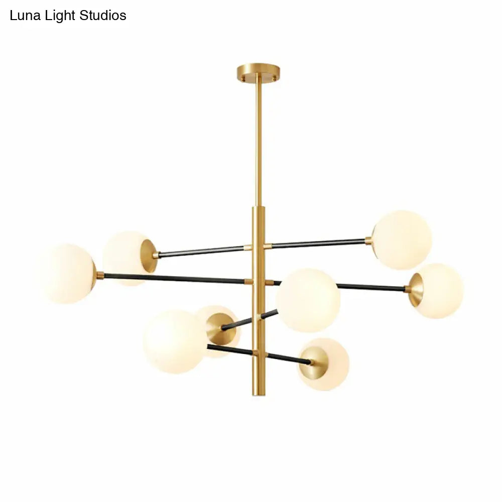 Postmodern Brass Chandelier With Tiered Hanging Pendant And Milky Glass Shade