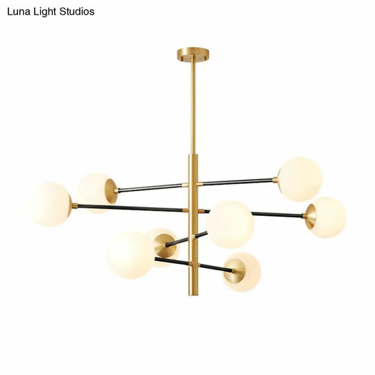 Postmodern Brass Chandelier With Tiered Hanging Pendant And Milky Glass Shade