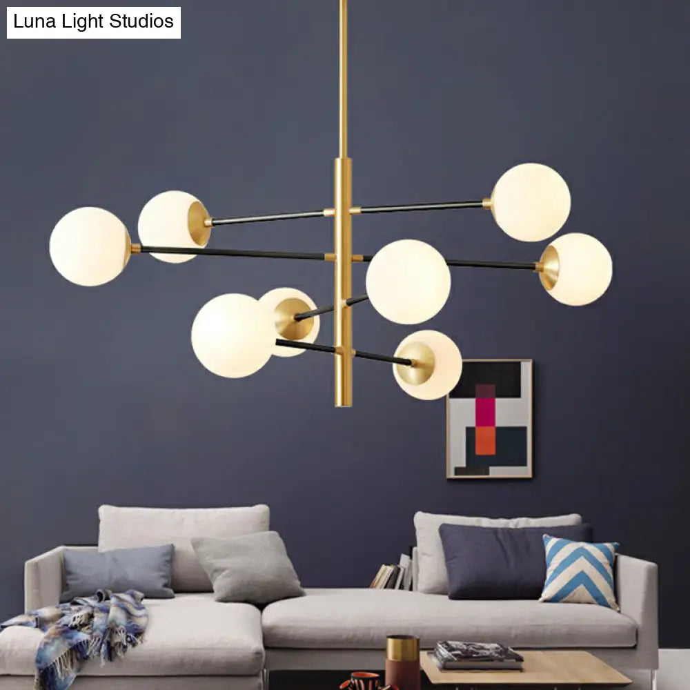 Postmodern Brass Chandelier With Tiered Hanging Pendant And Milky Glass Shade