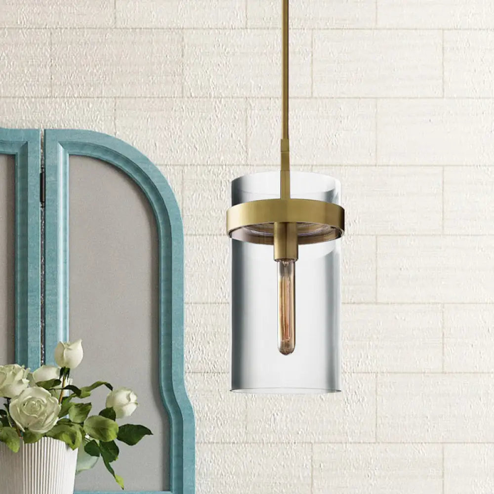 Postmodern Brass Cylinder Ceiling Pendant Light With Clear Glass