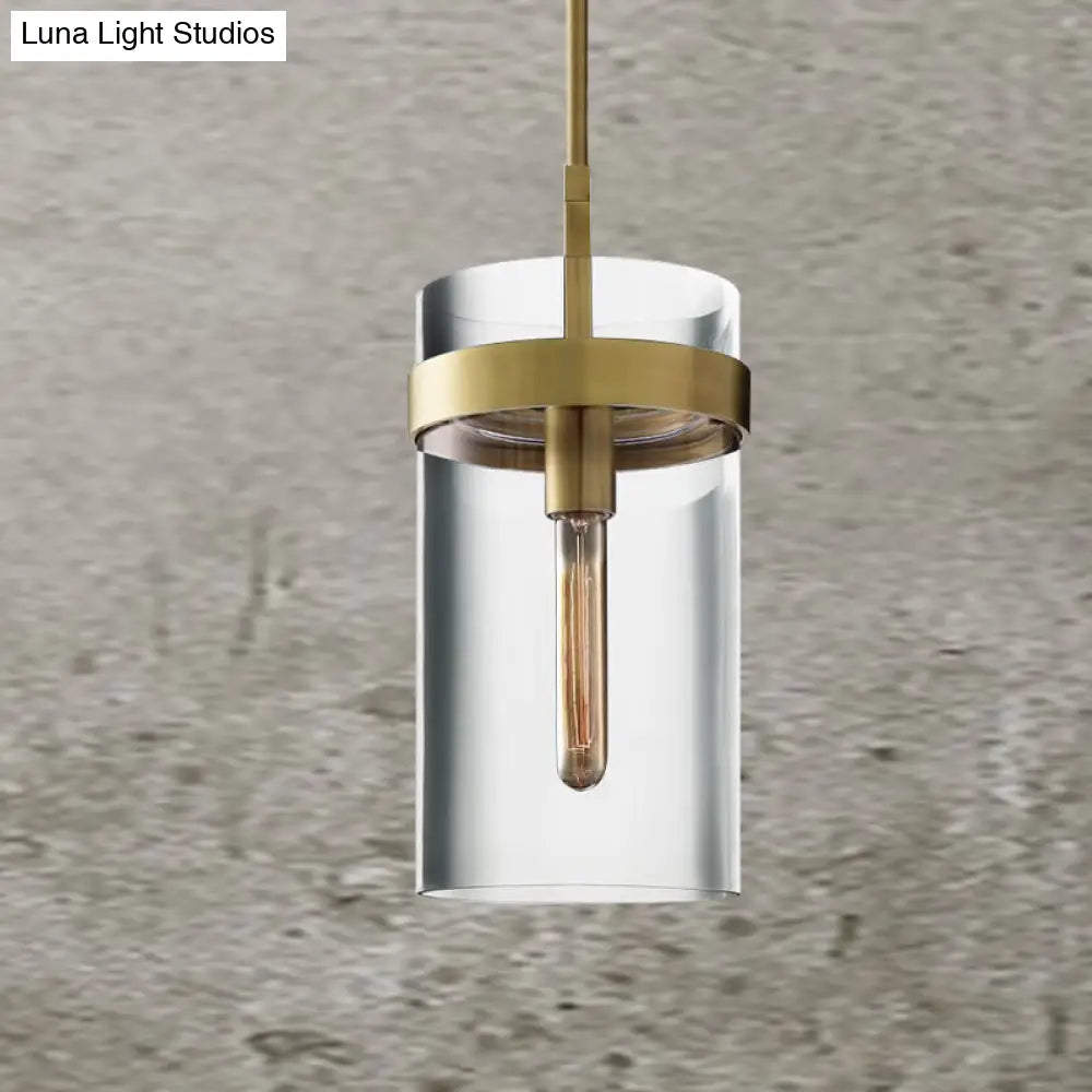 Postmodern Brass Cylinder Pendant Light With Clear Glass - Single Ceiling Lamp Kit