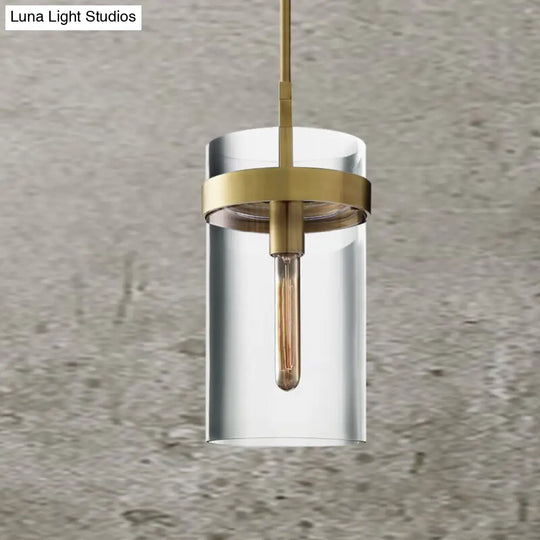 Postmodern Brass Cylinder Pendant Light With Clear Glass - Single Ceiling Lamp Kit