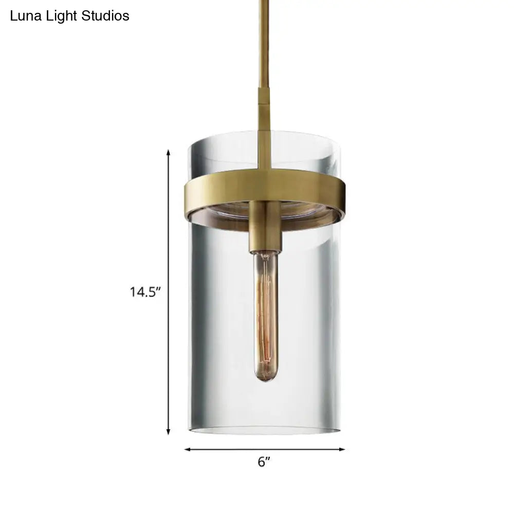 Postmodern Brass Cylinder Pendant Light With Clear Glass - Single Ceiling Lamp Kit