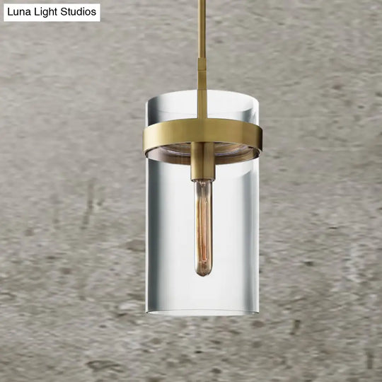 Postmodern Brass Cylinder Ceiling Pendant Light With Clear Glass