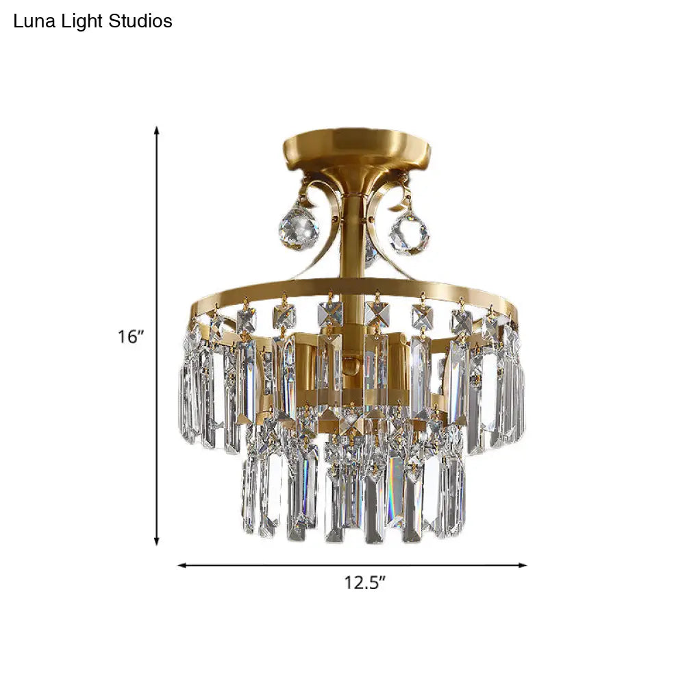 Postmodern Brass Drum Flush Mount Ceiling Light With Crystal Prism - 3 Lights