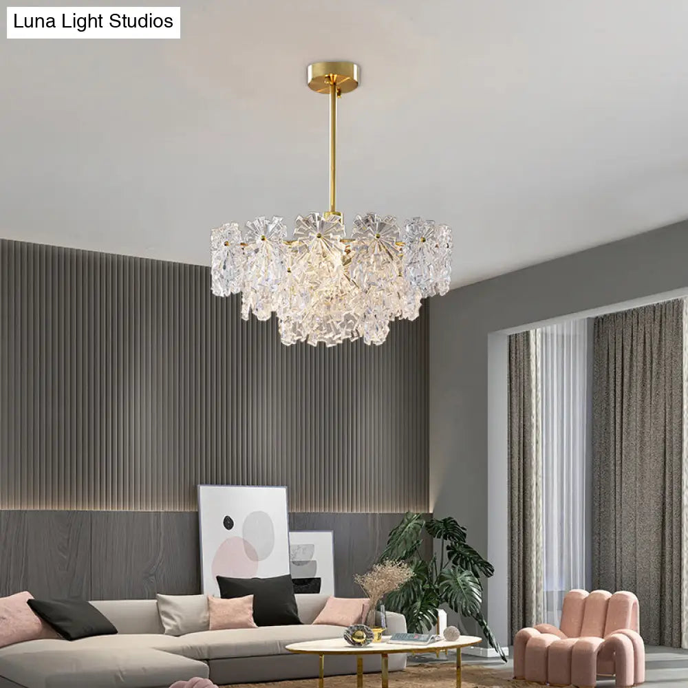 Postmodern Brass Finish Floral Glass Chandelier: Elegant Tiered Hanging Light For Living Room