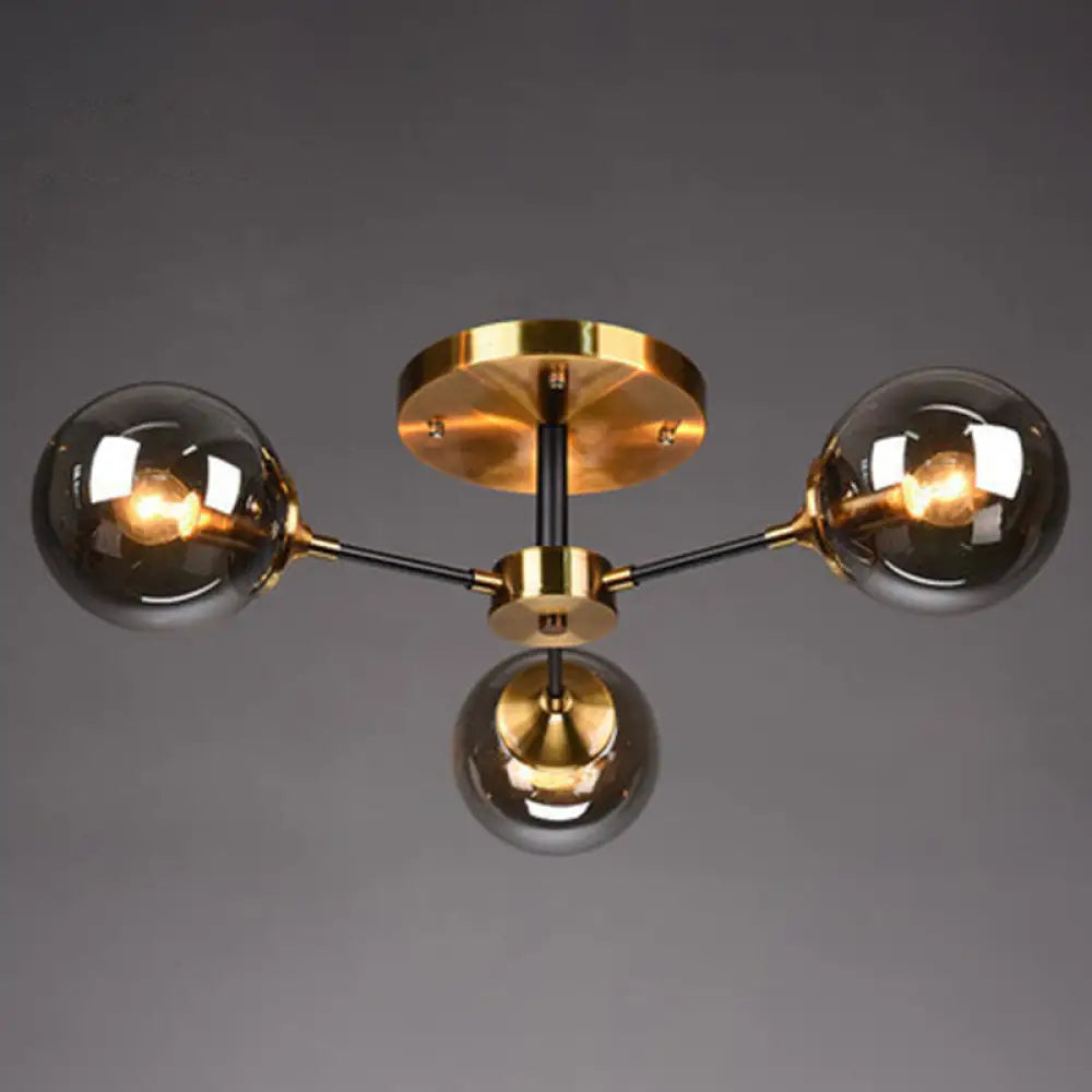 Postmodern Brass Finish Radial Ceiling Lamp With Glass Ball Shade 3 / Smoke Gray