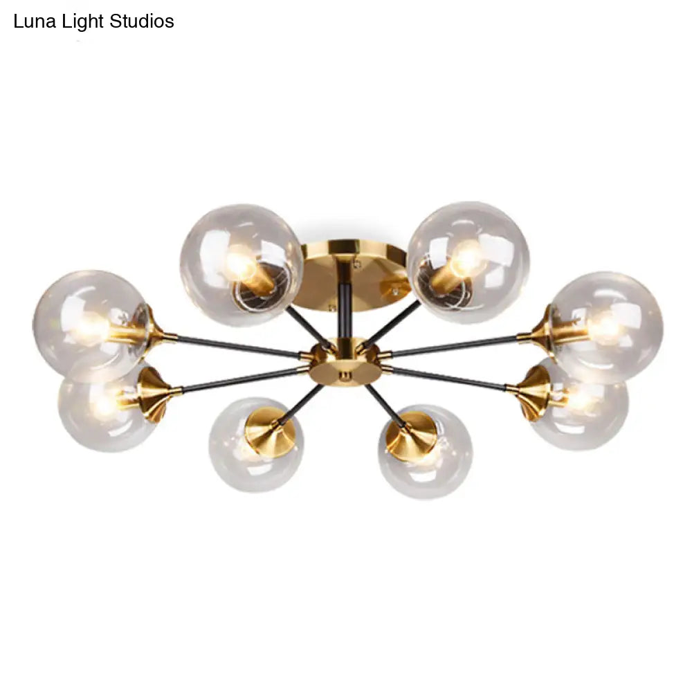 Postmodern Brass Finish Radial Ceiling Lamp With Glass Ball Shade