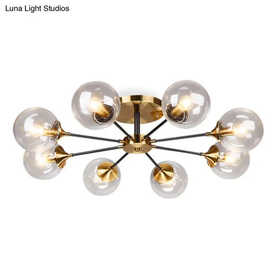 Postmodern Brass Finish Radial Ceiling Lamp With Glass Ball Shade