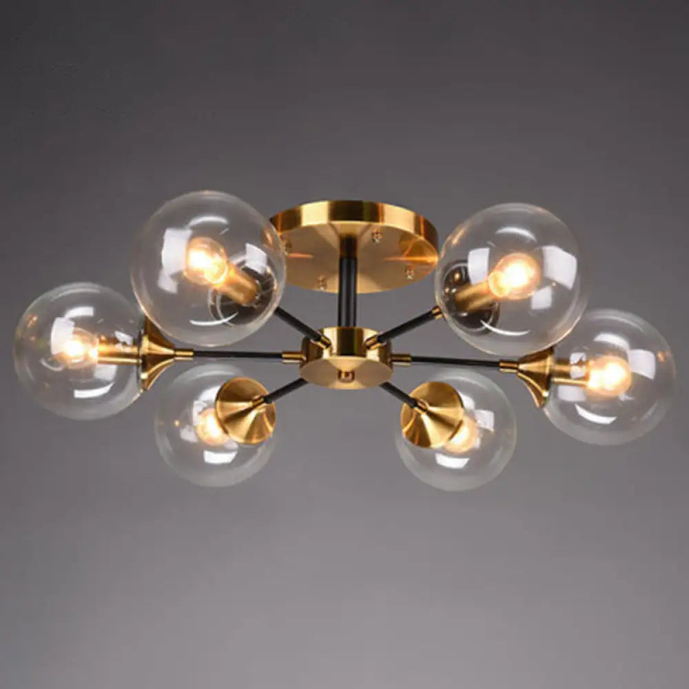 Postmodern Brass Finish Radial Ceiling Lamp With Glass Ball Shade 6 / Clear