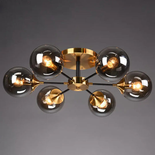 Postmodern Brass Finish Radial Ceiling Lamp With Glass Ball Shade 6 / Smoke Gray