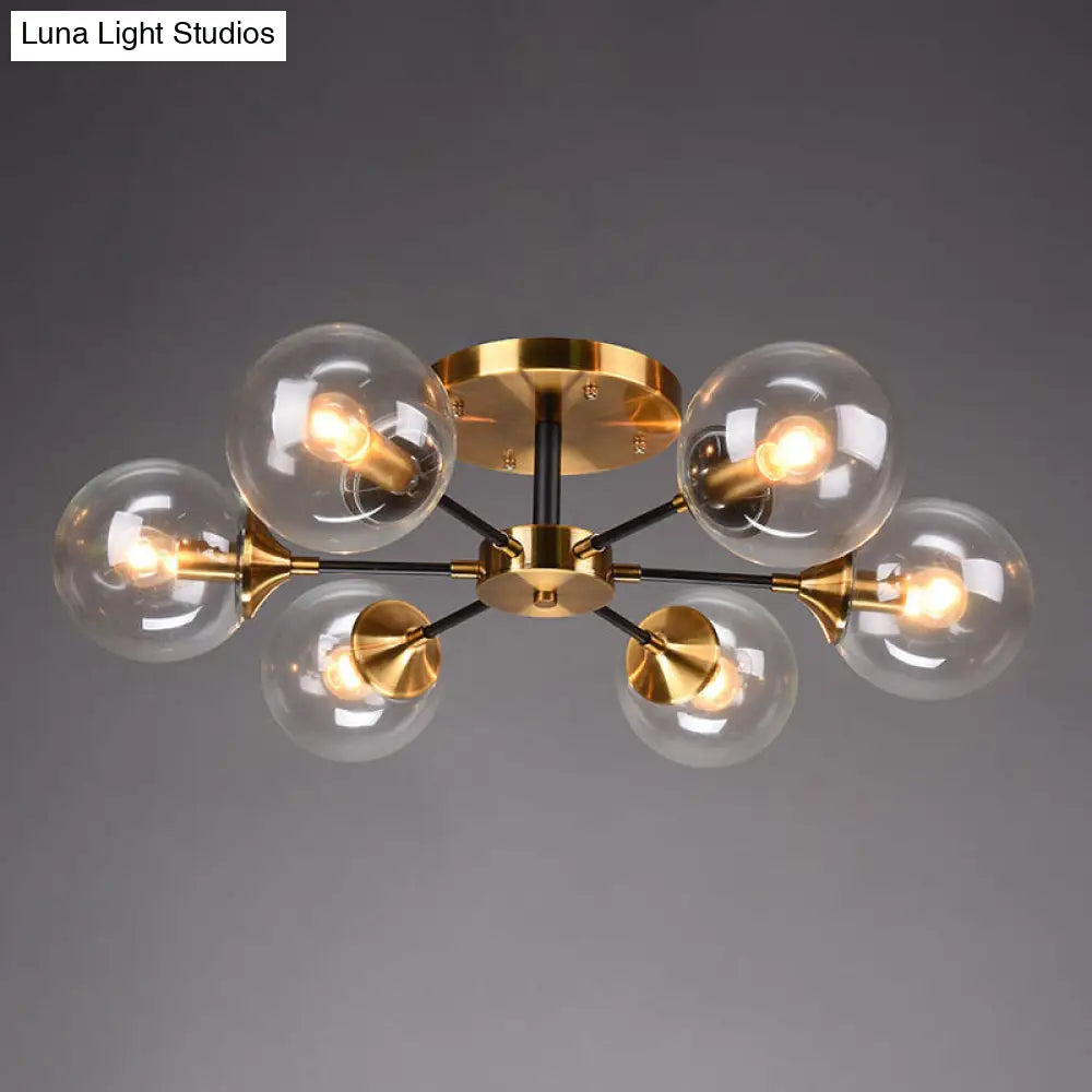 Postmodern Brass Flush Mount Light With Burst Design And Glass Ball For Living Room 6 / Clear