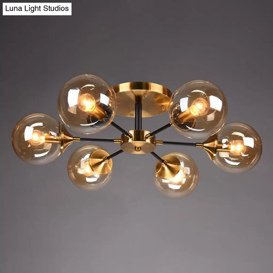 Postmodern Brass Flush Mount Light With Burst Design And Glass Ball For Living Room 6 / Amber