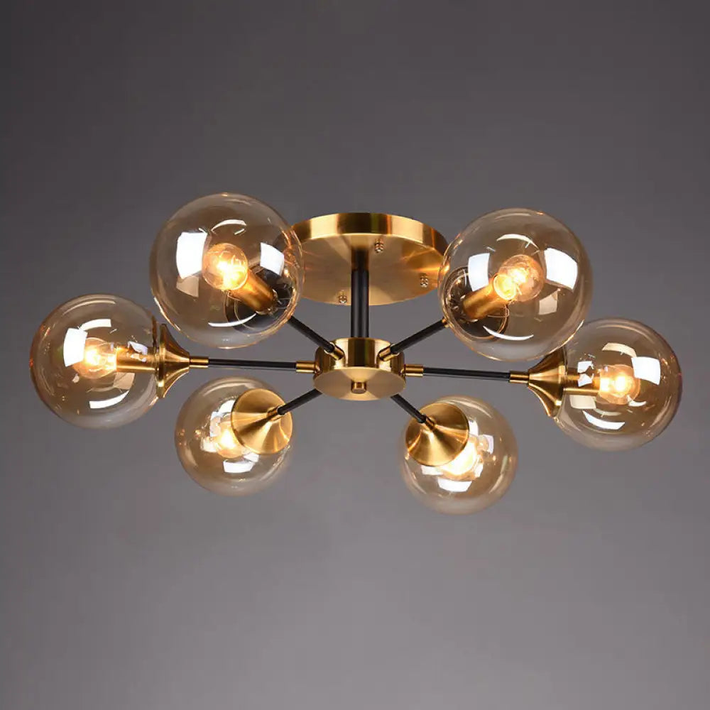 Postmodern Brass Flush Mount Light With Burst Design And Glass Ball For Living Room 6 / Amber