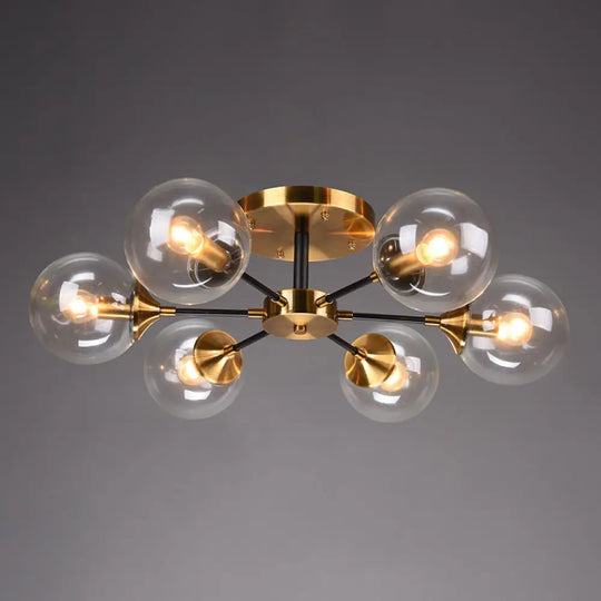 Postmodern Brass Flush Mount Light With Burst Design And Glass Ball For Living Room 6 / Clear