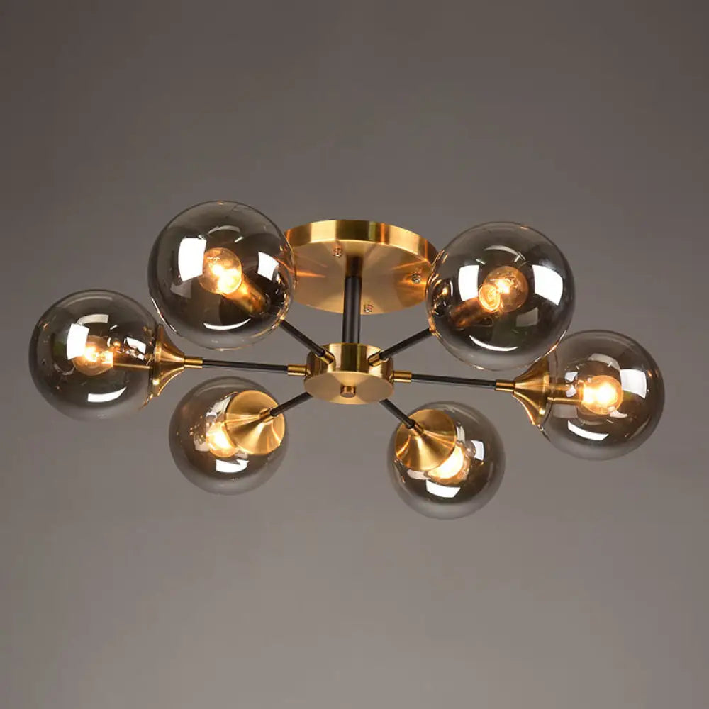Postmodern Brass Flush Mount Light With Burst Design And Glass Ball For Living Room 6 / Smoke Gray