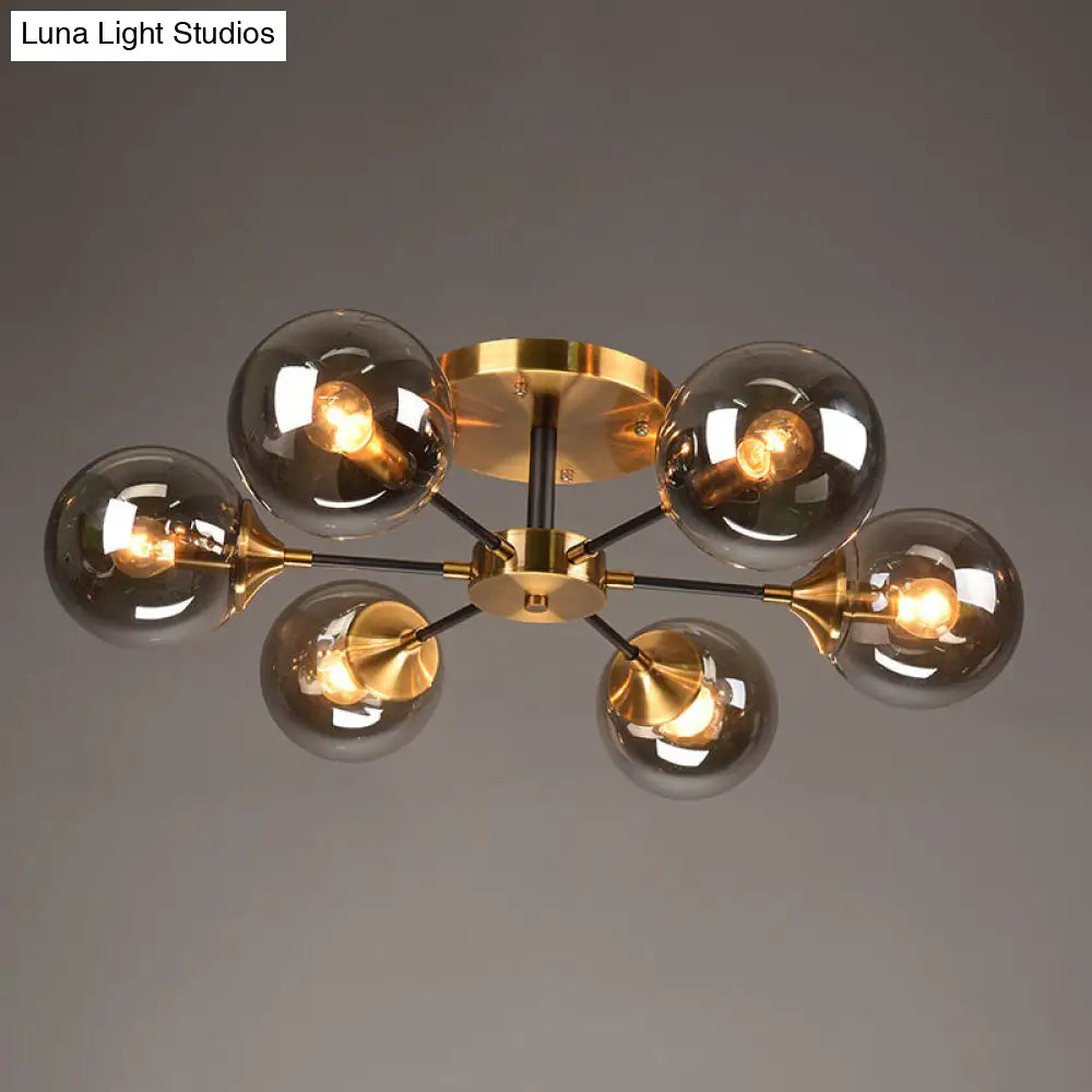 Postmodern Brass Flush Mount Light With Burst Design And Glass Ball For Living Room 6 / Smoke Gray