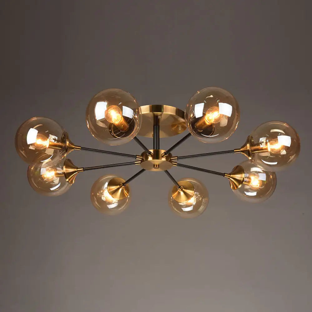 Postmodern Brass Flush Mount Light With Burst Design And Glass Ball For Living Room 8 / Amber