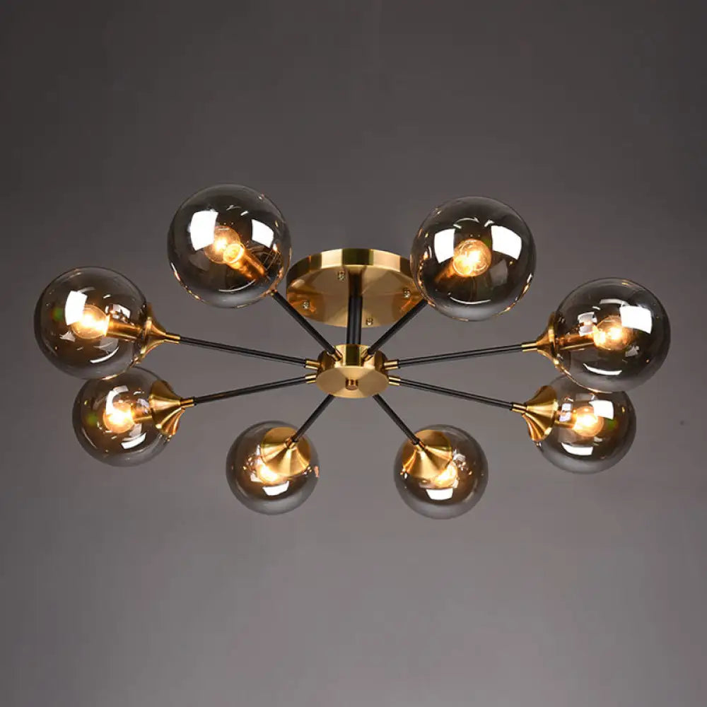 Postmodern Brass Flush Mount Light With Burst Design And Glass Ball For Living Room 8 / Smoke Gray
