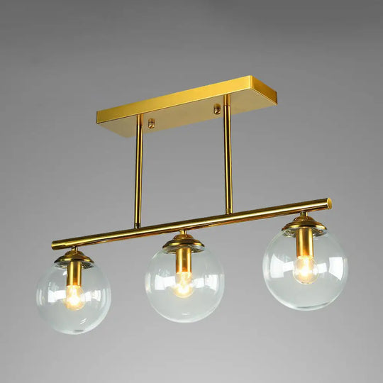 Postmodern Brass Island Light With Globe Glass Shade: Stylish Metal Ceiling Fixture 3 / Clear