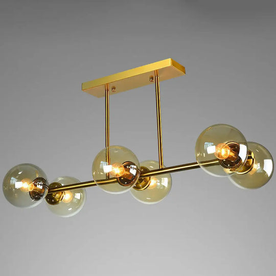 Postmodern Brass Island Light With Globe Glass Shade: Stylish Metal Ceiling Fixture 6 / Amber