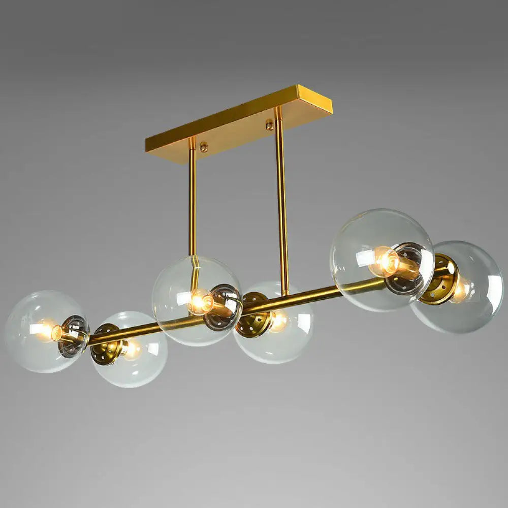 Postmodern Brass Island Light With Globe Glass Shade: Stylish Metal Ceiling Fixture 6 / Clear