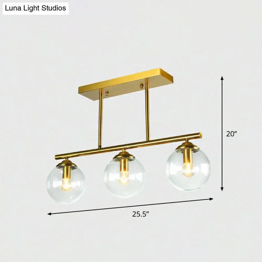 Postmodern Brass Island Light With Globe Glass Shade: Stylish Metal Ceiling Fixture