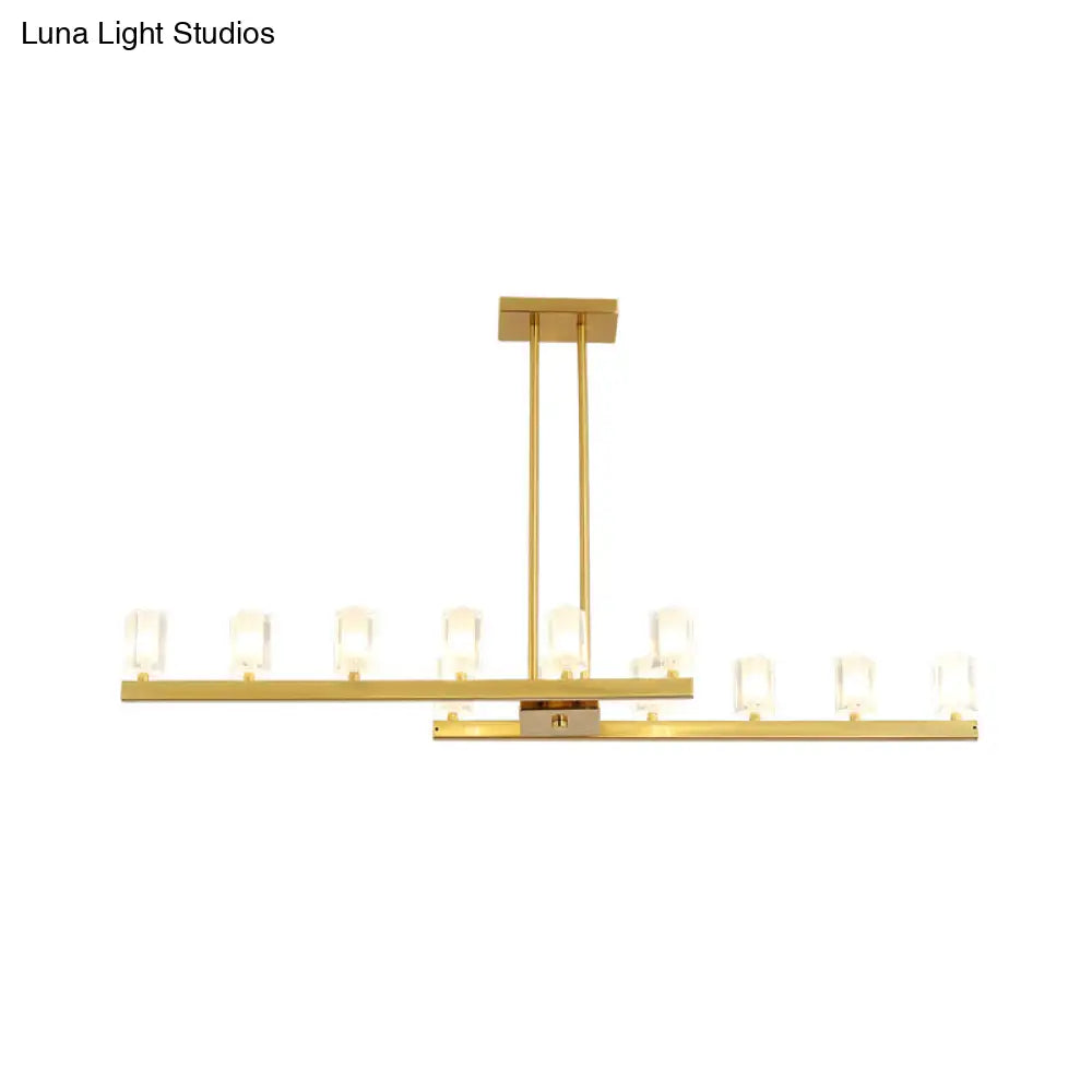 Postmodern Brass Linear Pendant Light With Crystal Accents - 12 Heads Rectangle Design