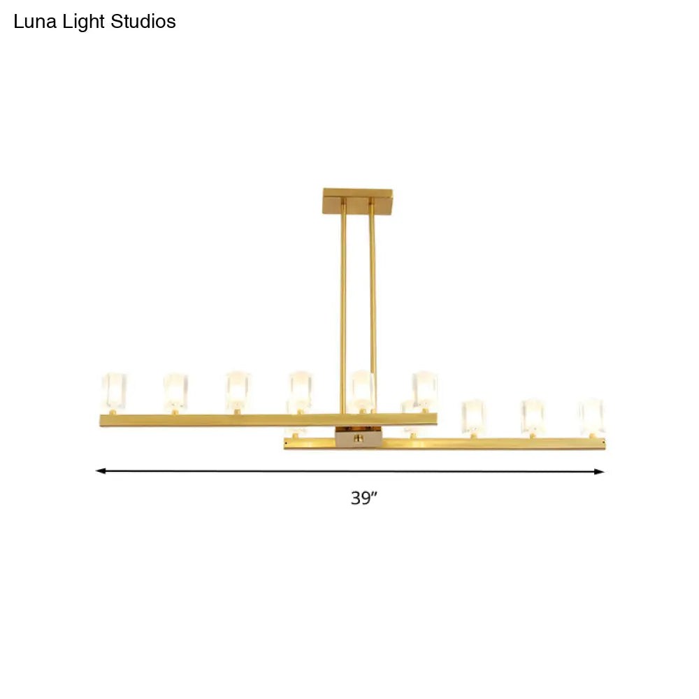 Postmodern Brass Linear Pendant Light With Crystal Accents - 12 Heads Rectangle Design