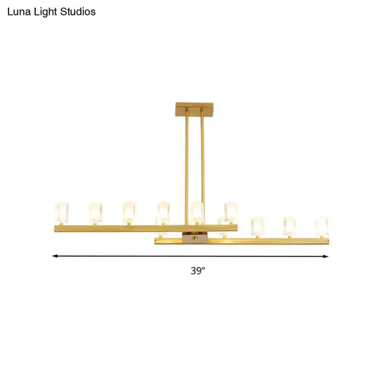 Postmodern Brass Linear Pendant Light With Crystal Accents - 12 Heads Rectangle Design