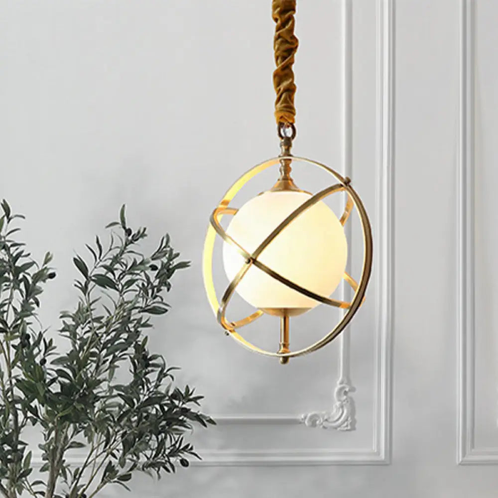 Postmodern Brass Orbit Pendant Light With White Glass Shade