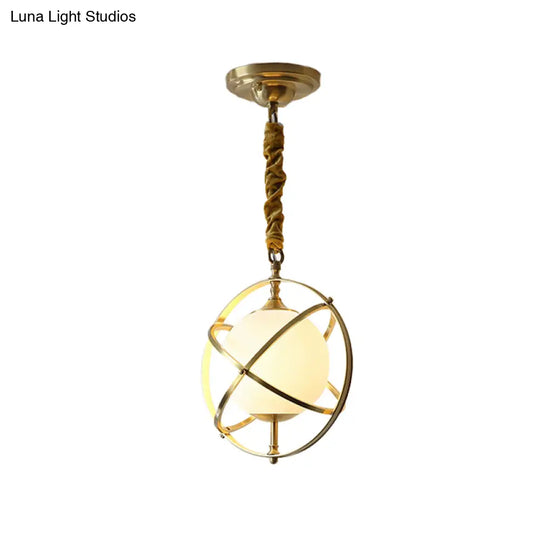 Postmodern Brass Orbit Pendant Light With White Glass Shade